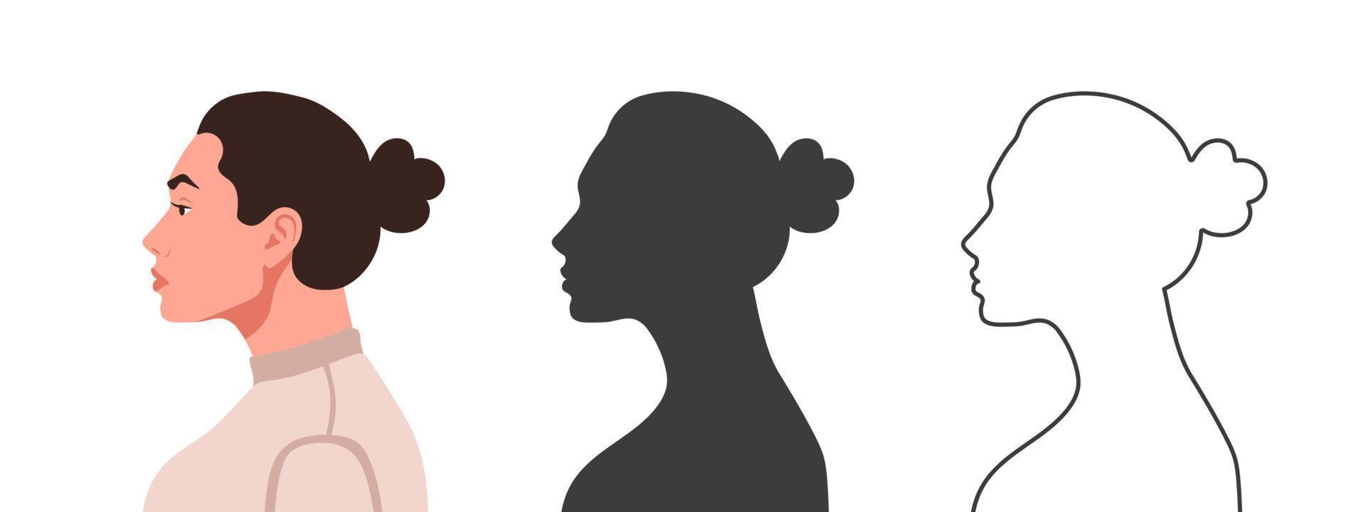 Profile of the head. Woman's face from the side. Silhouettes of people in three different styles. Face profile. Vector illustration