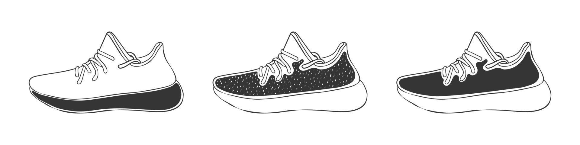 Modern sneakers. Sneaker icons. Fashion footwear. Hand-drawn style shoes. Vector image