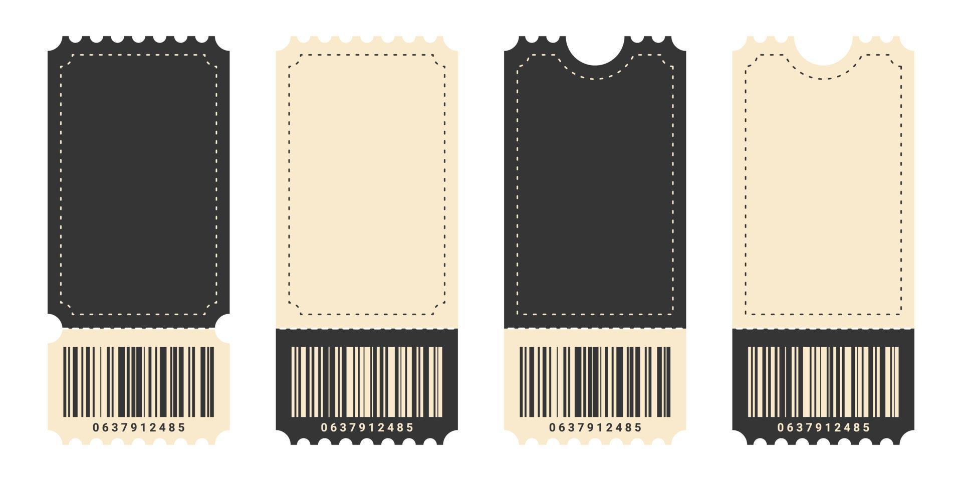 Ticket icons. Coupon icons. Different tickets with a barcode. Vector illustration