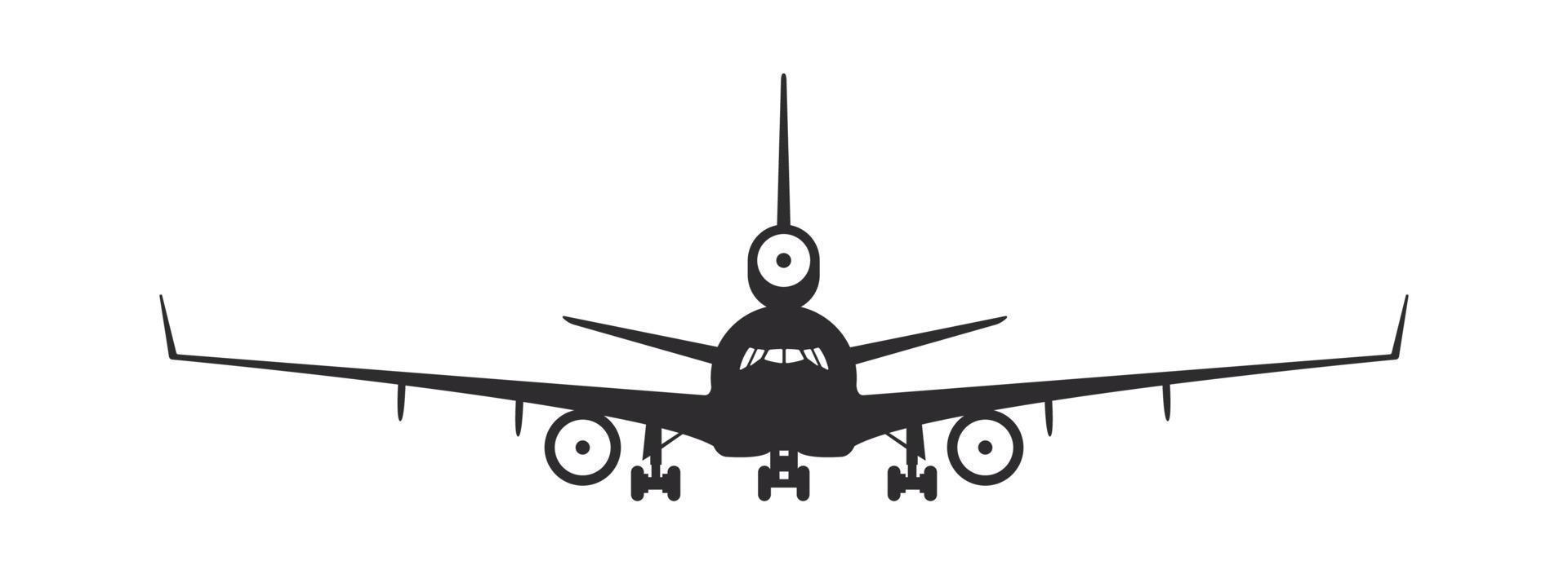 Airplane. Plane with three engines. Airplane silhouette front view. Flight transport symbol. Vector image