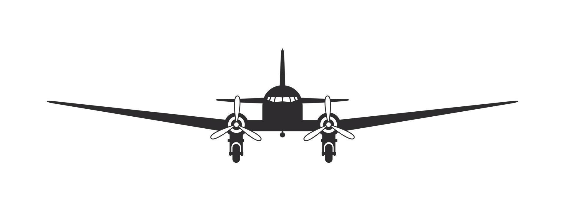 Airplane. Propeller plane. Airplane silhouette front view. Flight transport symbol. Vector image