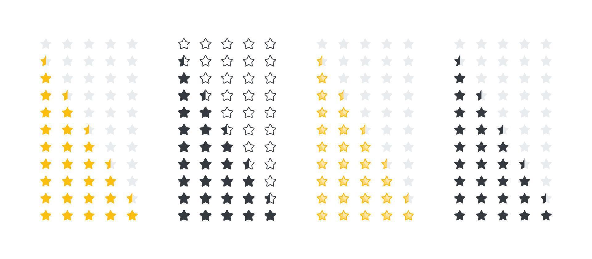 Stars icons set. Rating stars icons. Product rating or customer review with gold stars and half star. Vector images