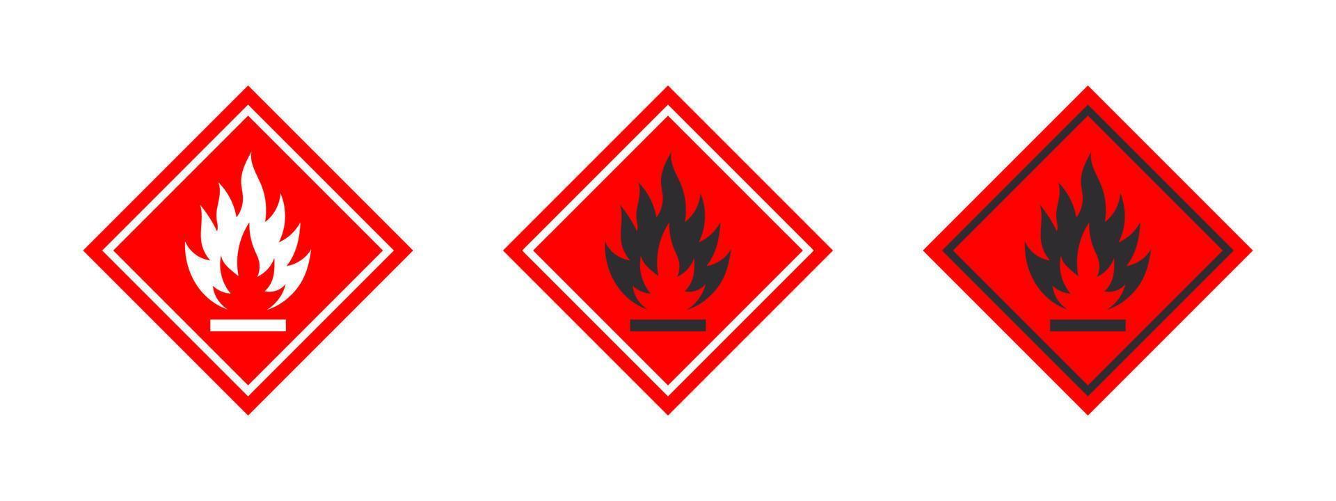 Flammable materials warning sign. Sign danger flammable liquids or materials. Flammable substances icons set. Vector icons