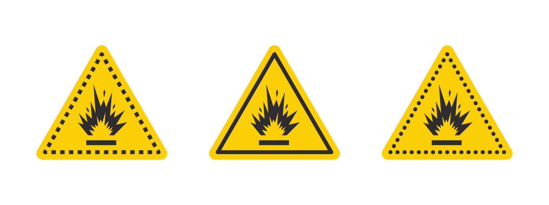 Blasting area caution warning sign. Warning sign explosives liquids or materials. Explosives substances icons set. Vector icons