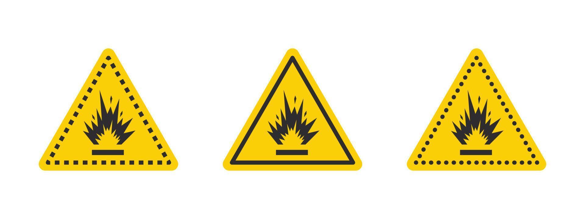 señal de advertencia de precaución del área de voladura. señal de advertencia de líquidos o materiales explosivos. conjunto de iconos de sustancias explosivas. iconos vectoriales vector