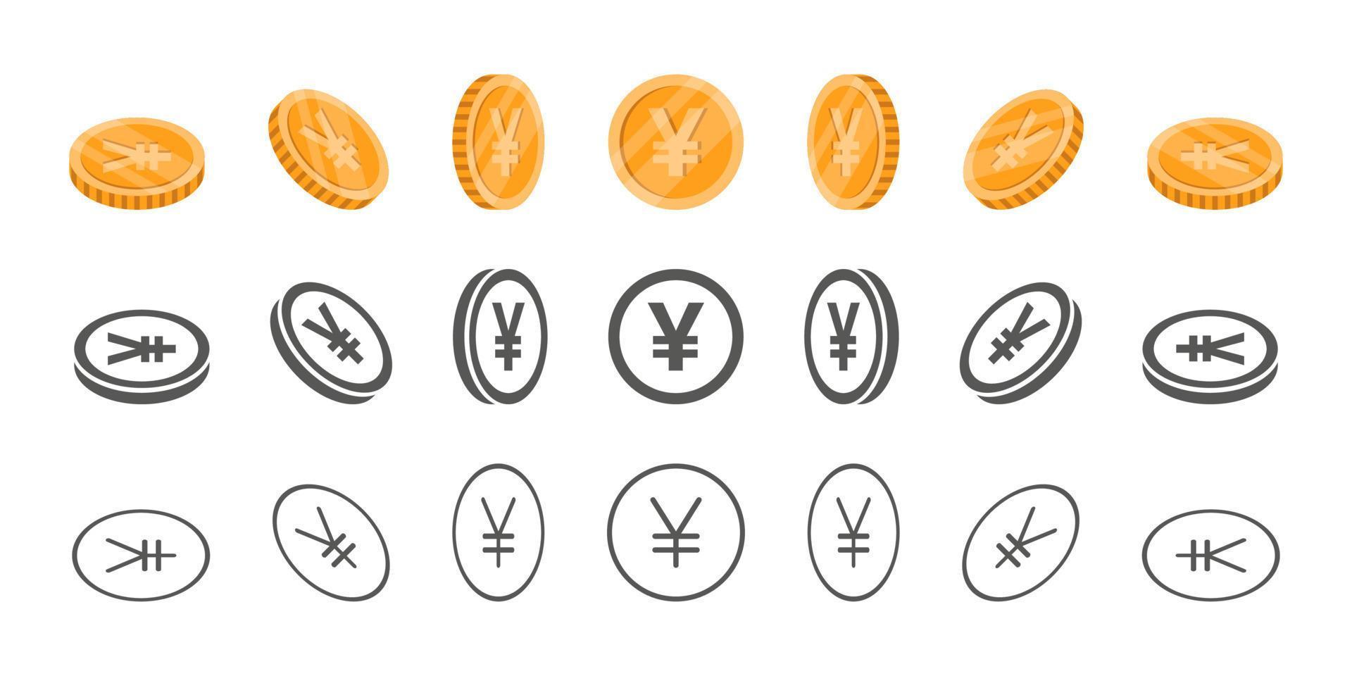 Yen or Yuan coins. Rotation of icons at different angles for animation. Coins in isometric. Vector illustration