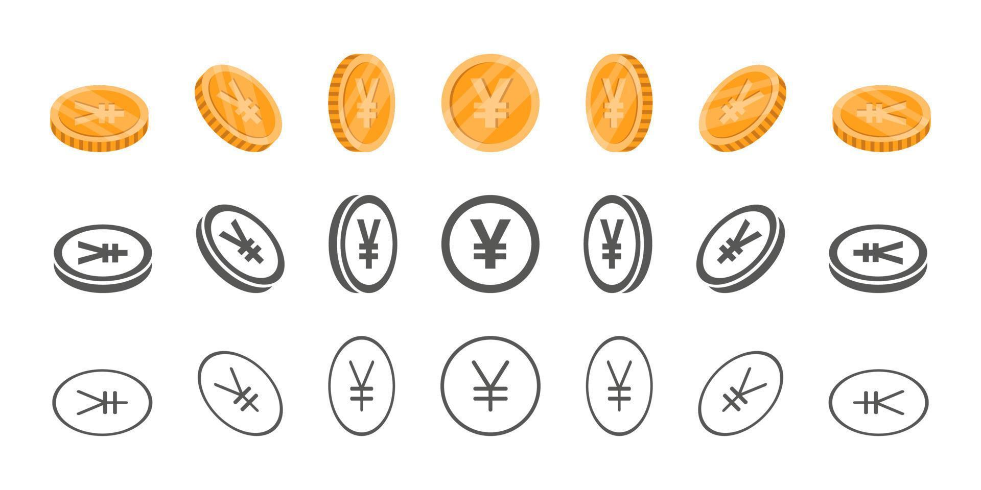 Yen or Yuan coins. Rotation of icons at different angles for animation. Coins in isometric. Vector illustration