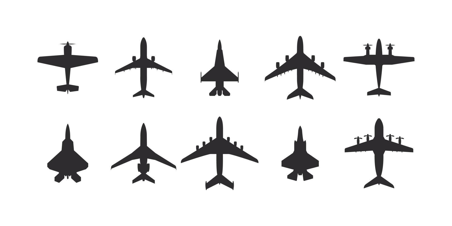 Airplane icon set. Aircrafts icons flat style. Airplanes silhouettes top view. Vector icons