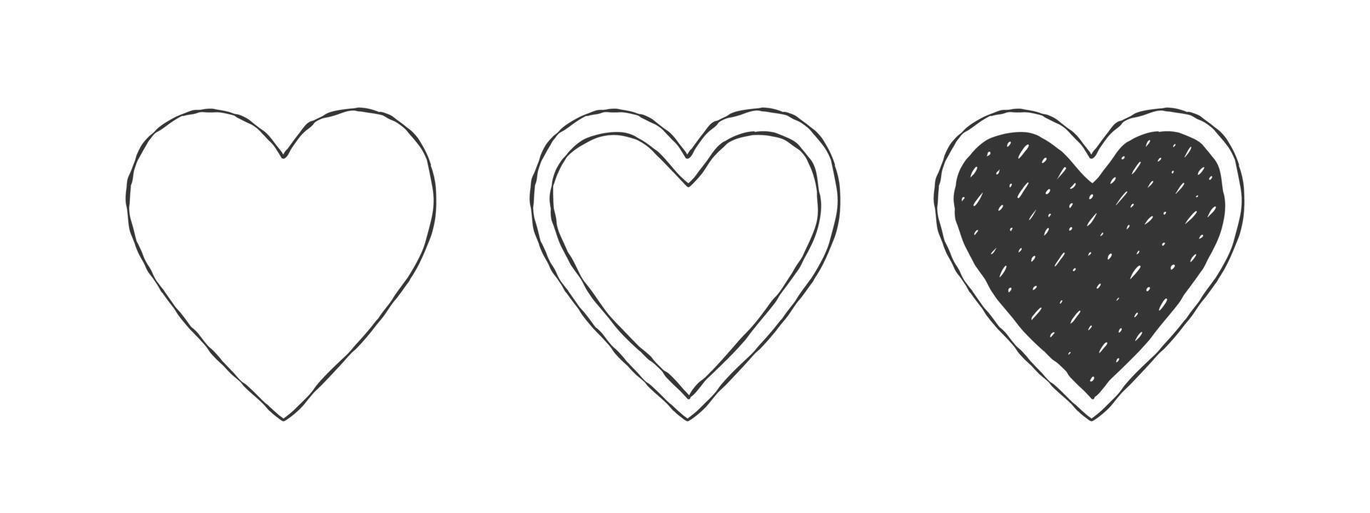 conjunto de corazones. corazones negros con textura. corazones dibujados a mano. ilustración vectorial vector