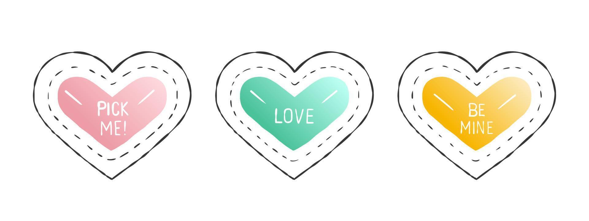 Hearts icons set. Cute hearts with different inscriptions. Hand-drawn hearts. Vector illustration