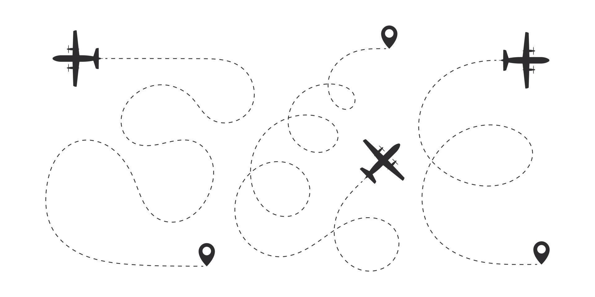 Aircraft route dotted lines. Flight lines of aircraft with a point of departure. Vector illustration