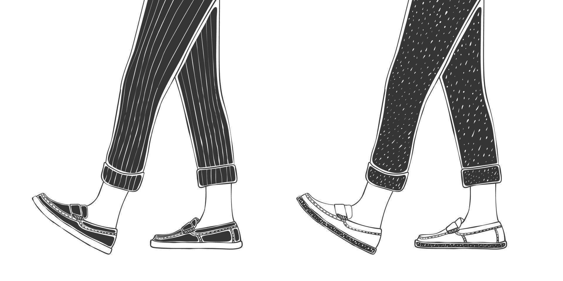 Male feet in shoes and pants. Men's loafers. Hand-drawn style male legs. Vector image