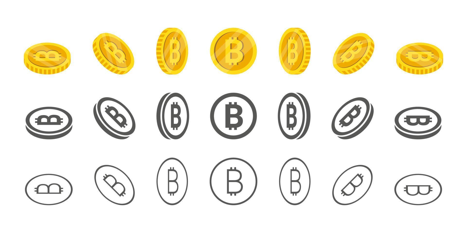 Bitcoin coins. Rotation of icons at different angles for animation. Coins in isometric. Vector illustration