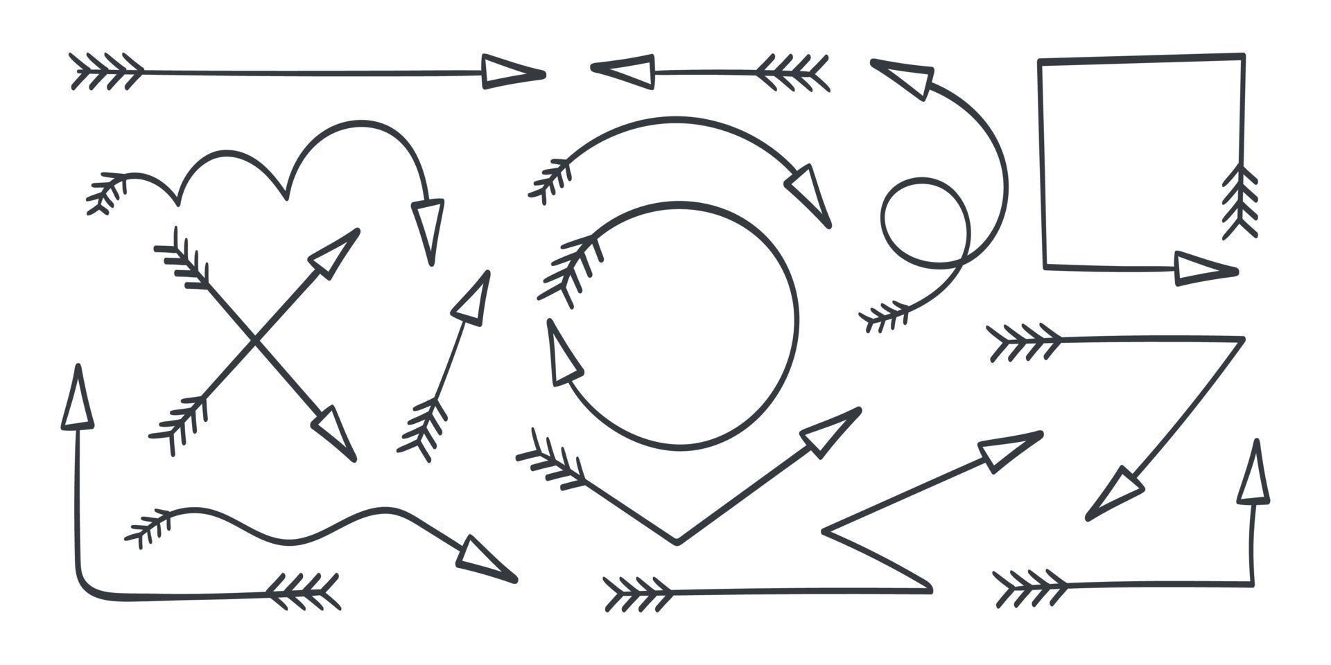 un conjunto de flechas dibujadas a mano. flechas vectoriales conjunto de flechas diferentes. ilustración vectorial vector