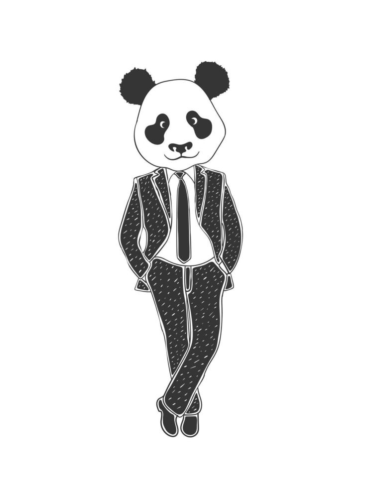 Drawn panda. Panda in a classic suit. Illustration in sketch style. Vector image