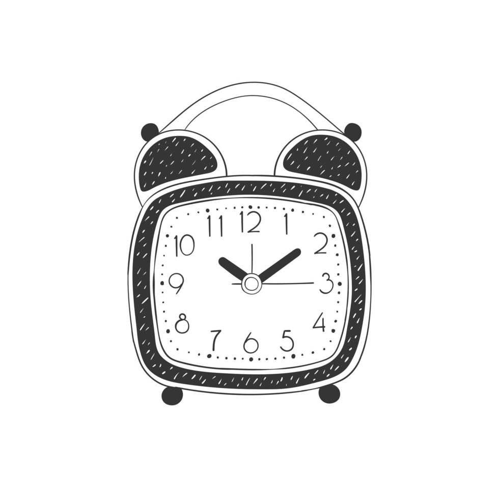 Alarm clock. Hand-drawn retro table clock. Illustration in sketch style. Vector image