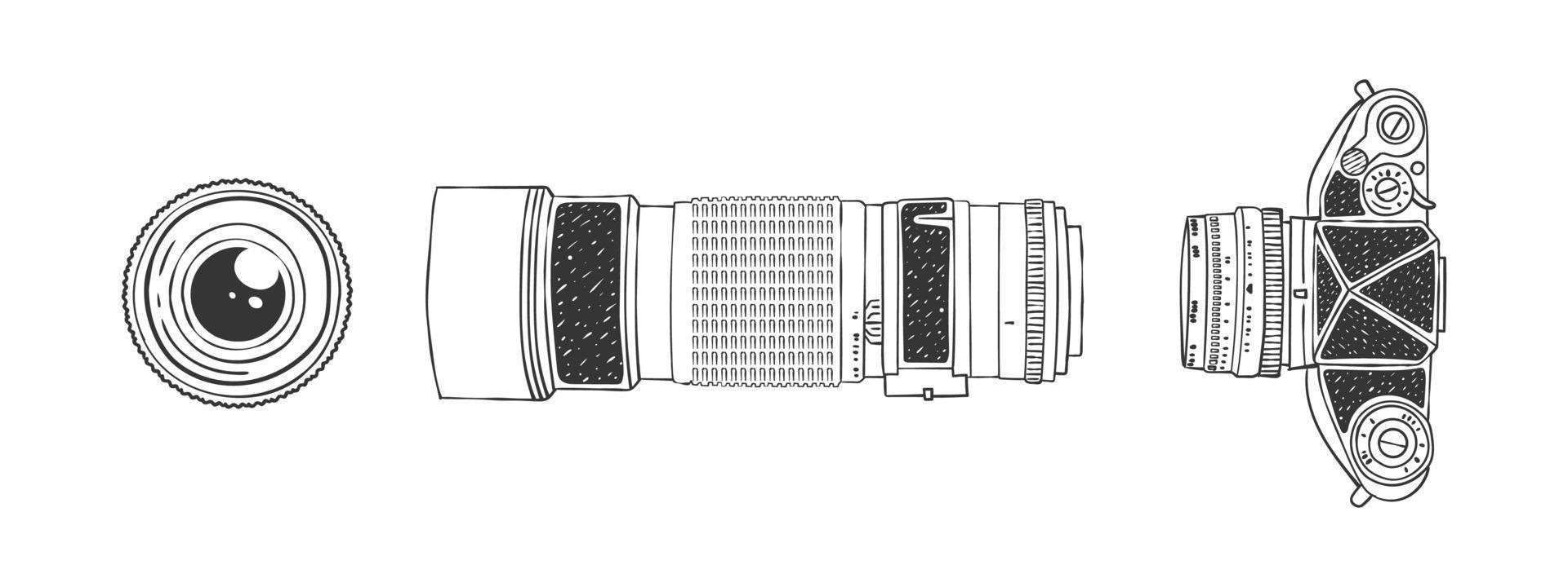 Camera and lens top view. Camera and Lens Sketch. Hand-drawn image. Vector illustration