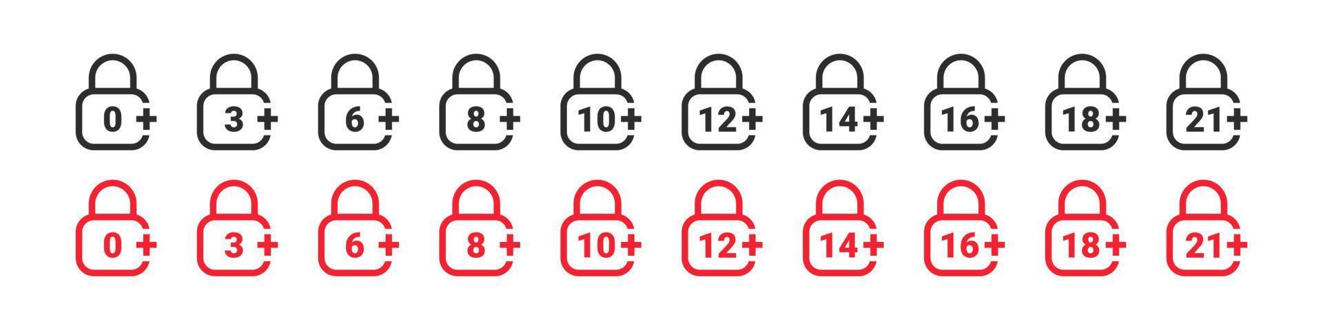 Age restriction icons set. Mark age limit. Padlock with age restriction. Vector icons