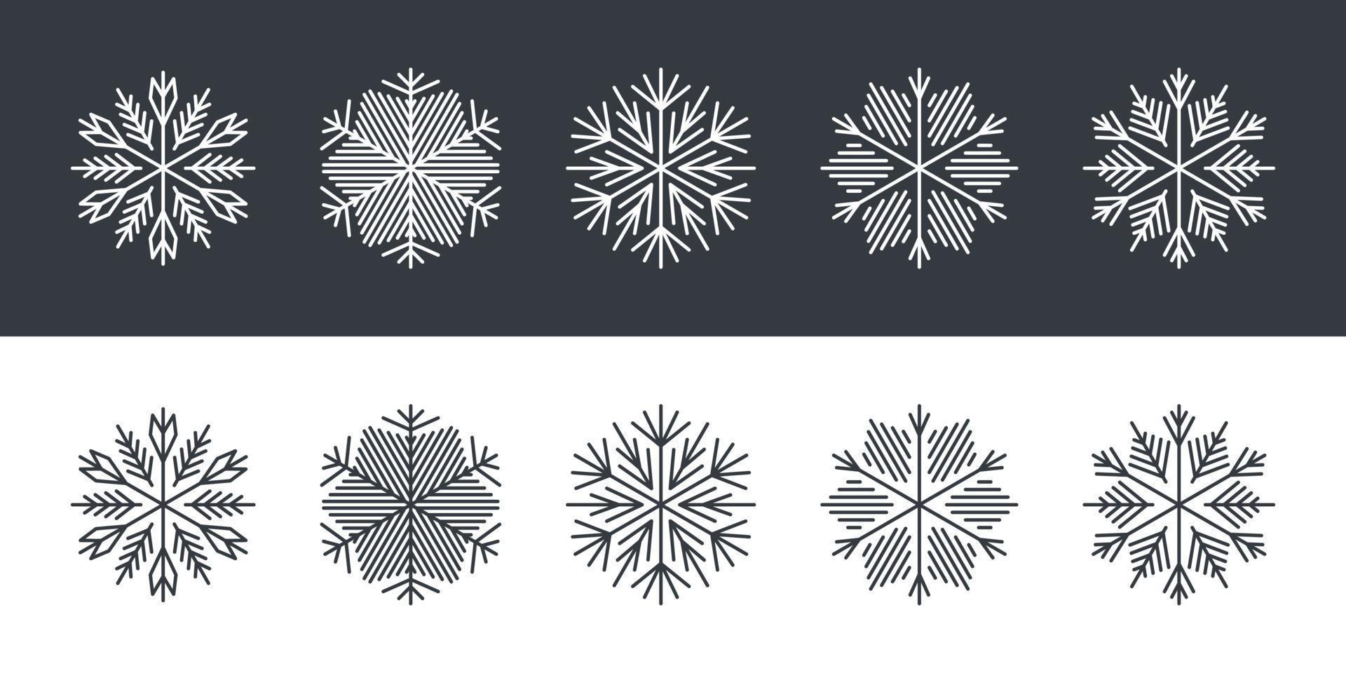 Snowflakes of different shapes. Snowflakes in flat style on black and white background. Vector illustration