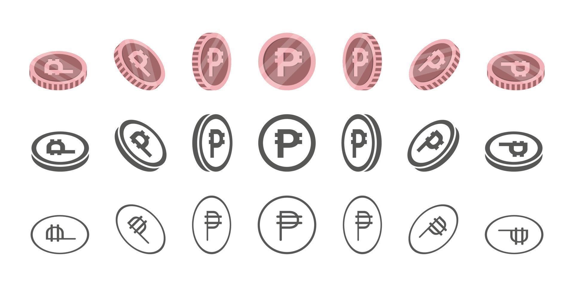 Philippine peso coins. Rotation of icons at different angles for animation. Coins in isometric. Vector illustration