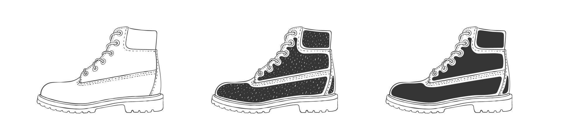 conjunto de botas zapatos modernos conceptuales. botas dibujadas a mano. imagen vectorial vector