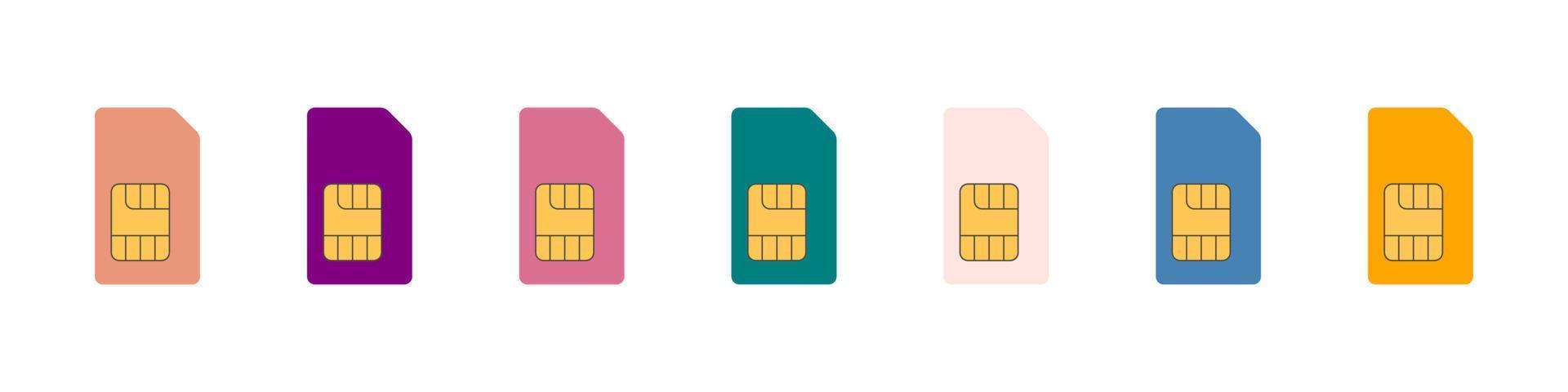 A set of SIM cards. SIM card icons for mobile in different colors. Vector illustration