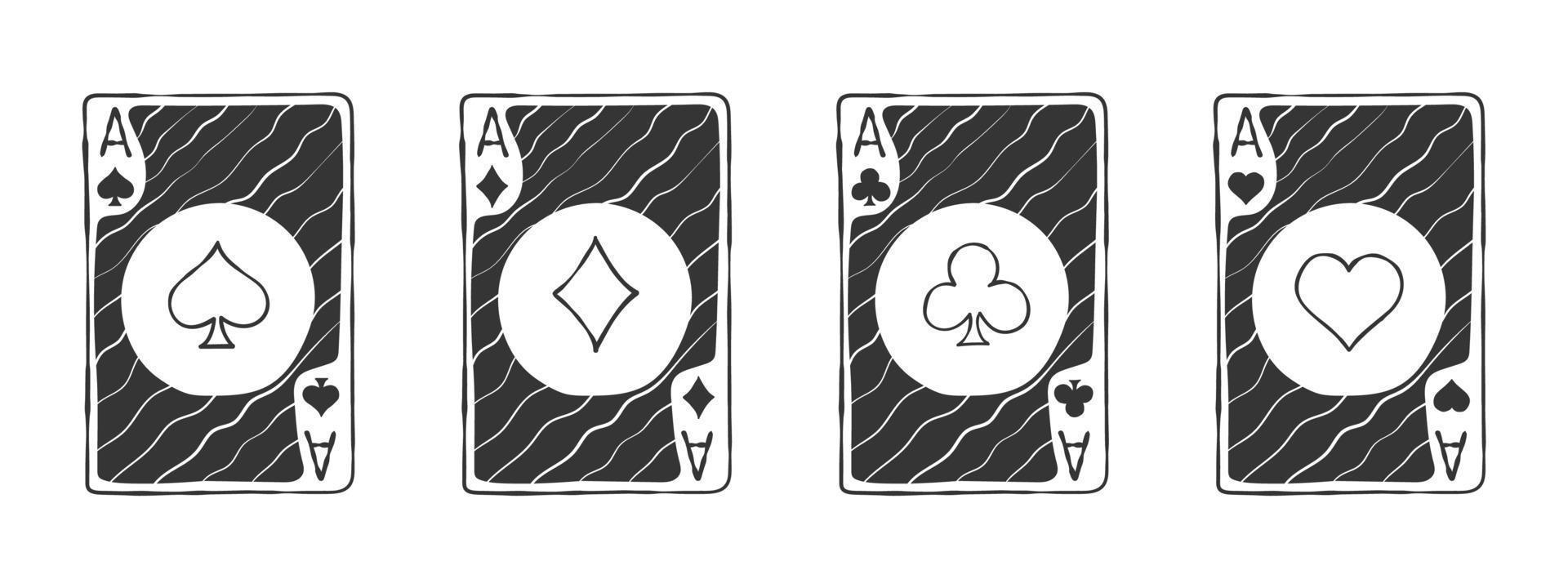 Playing card signs. The four playing cards suits. Playing card hand drawn. Vector image