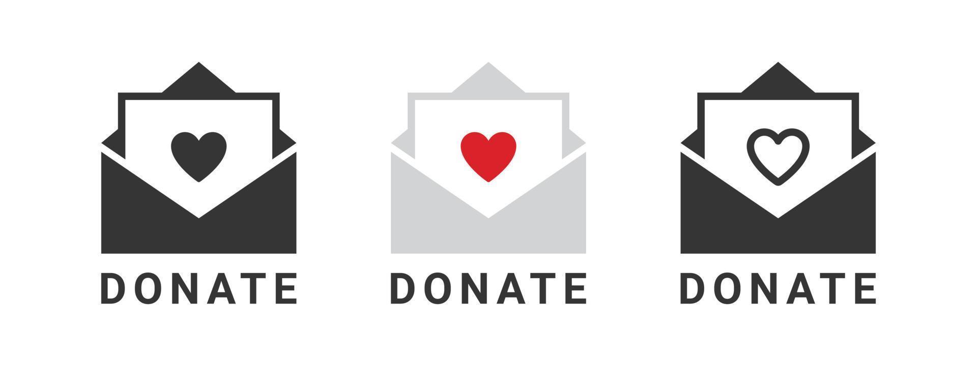 Donate icons. Charity icon envelope with a heart. Donations related signs. Vector illustration