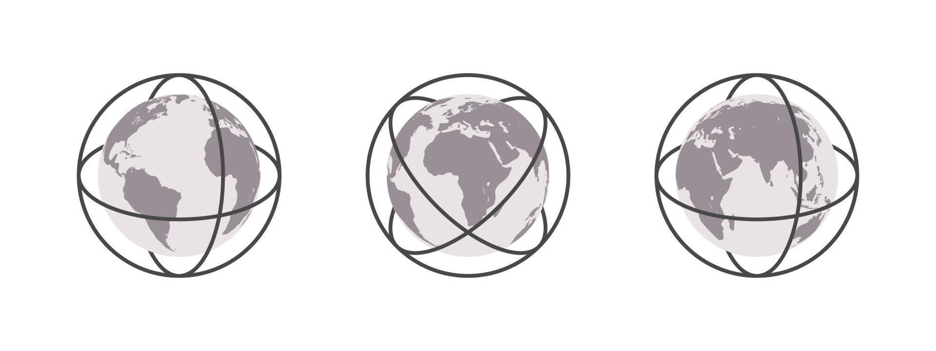 Earth globes with center lines. World map in globe shape. Earth globe icon set. Vector illustration