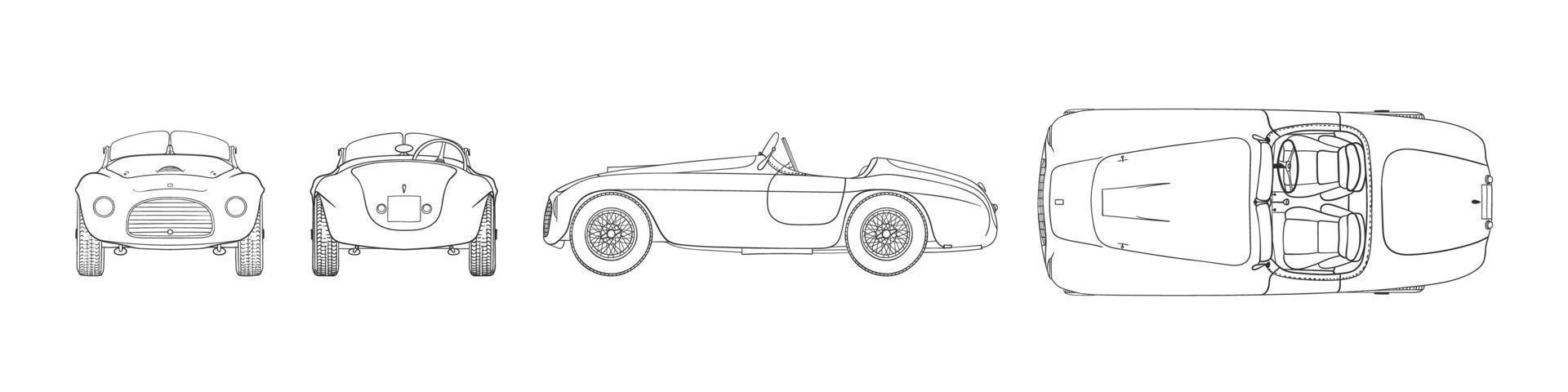 Retro car. Hand drawn car front back top and side view. Vector illustration