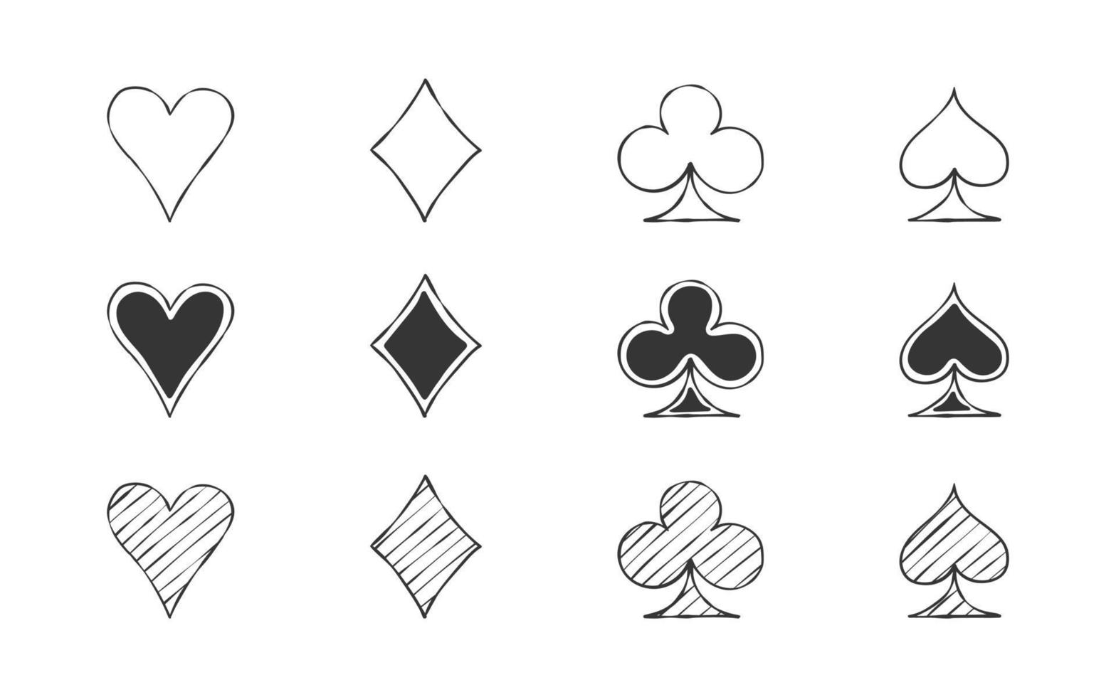 conjunto de iconos de traje de tarjeta. símbolos del palo de las cartas. juego de naipes dibujado a mano. imagen vectorial vector