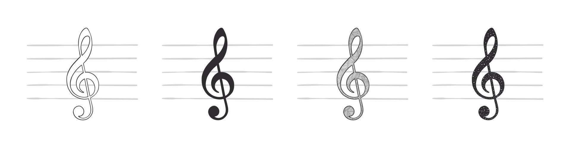 Music notes. Treble Clef. Hand-drawn musical symbols in various variations. Vector illustration