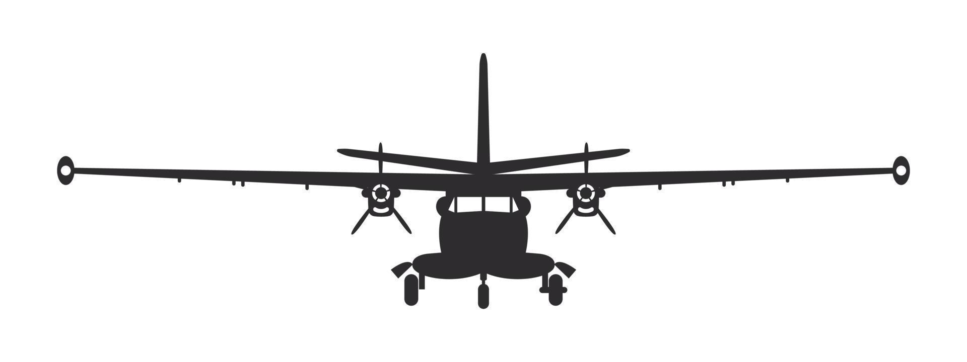 Airplane. Propeller plane with two engines. Airplane silhouette front view. Flight transport symbol. Vector image