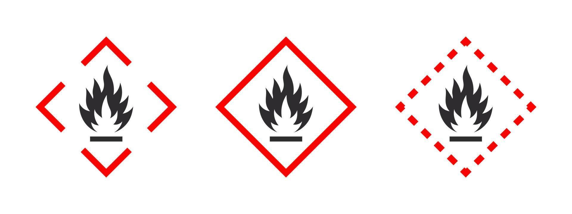 Flammable materials warning sign. Pictogram for flammable substances. Flammable substances icons set. Vector icons