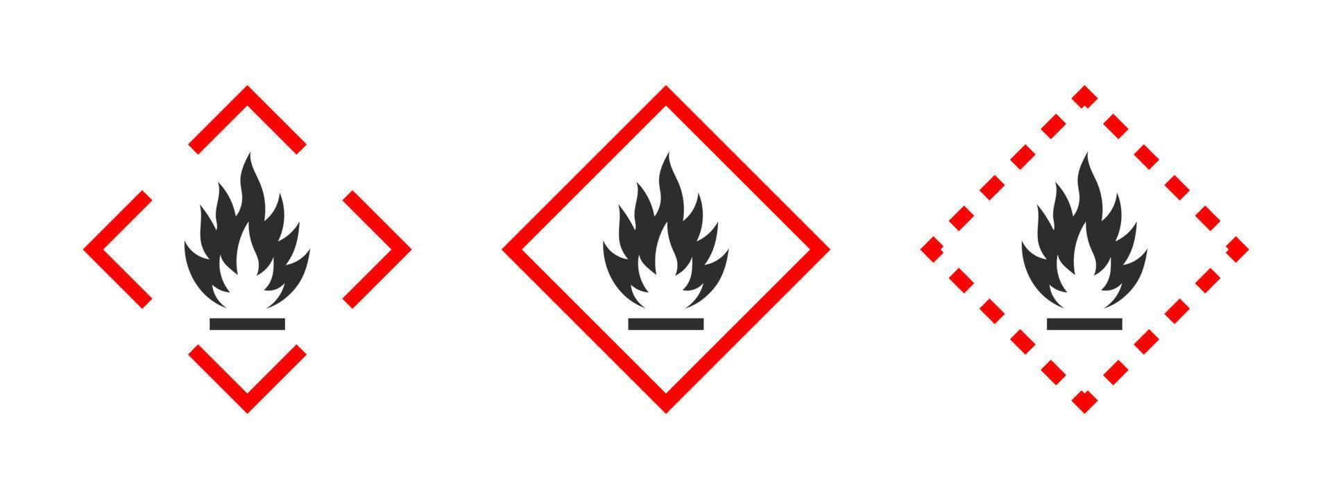 Flammable materials warning sign. Pictogram for flammable substances. Flammable substances icons set. Vector icons