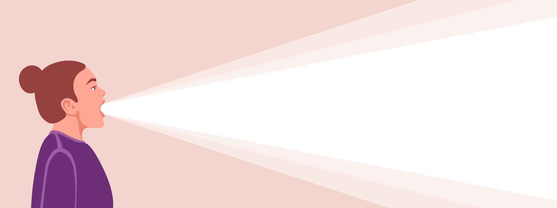 Screaming Girl. A ray of light from the mouth. Conceptual background or banner for advertising. Vector illustration