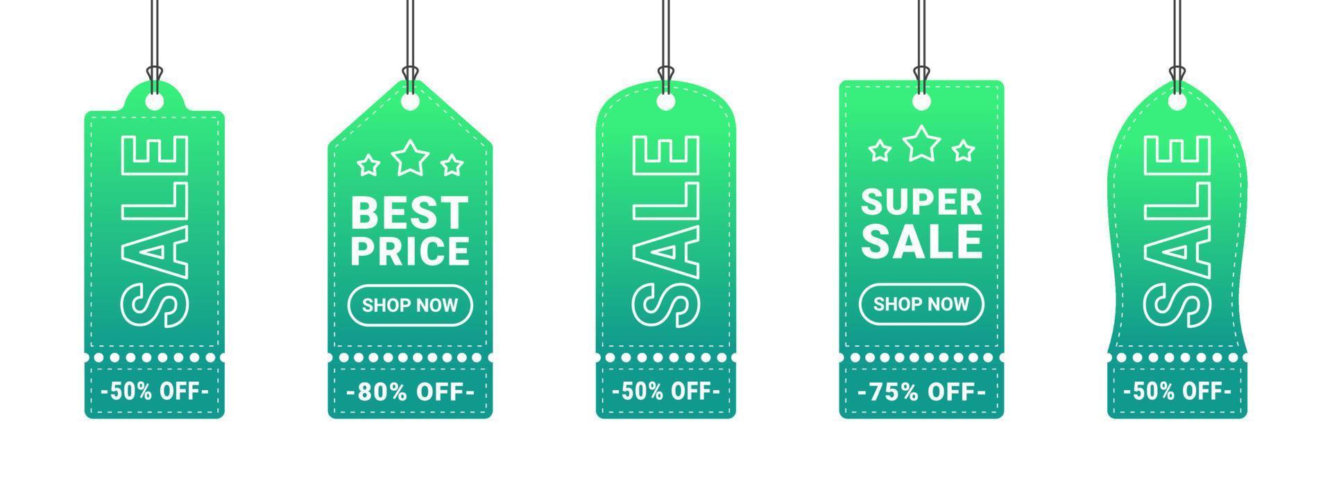 Price tag set. Paper labels with cord. Template green labels. Vector illustration