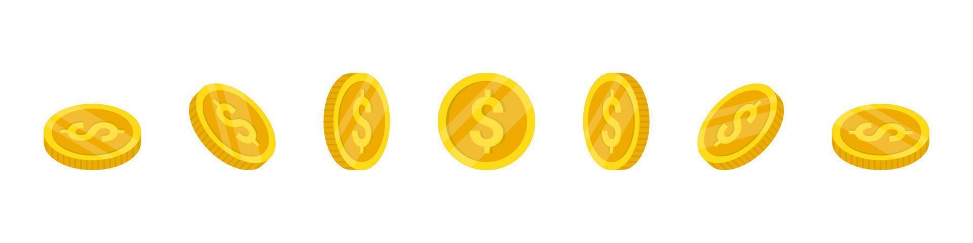 monedas de dólar rotación de iconos en diferentes ángulos para animación. ilustración vectorial vector