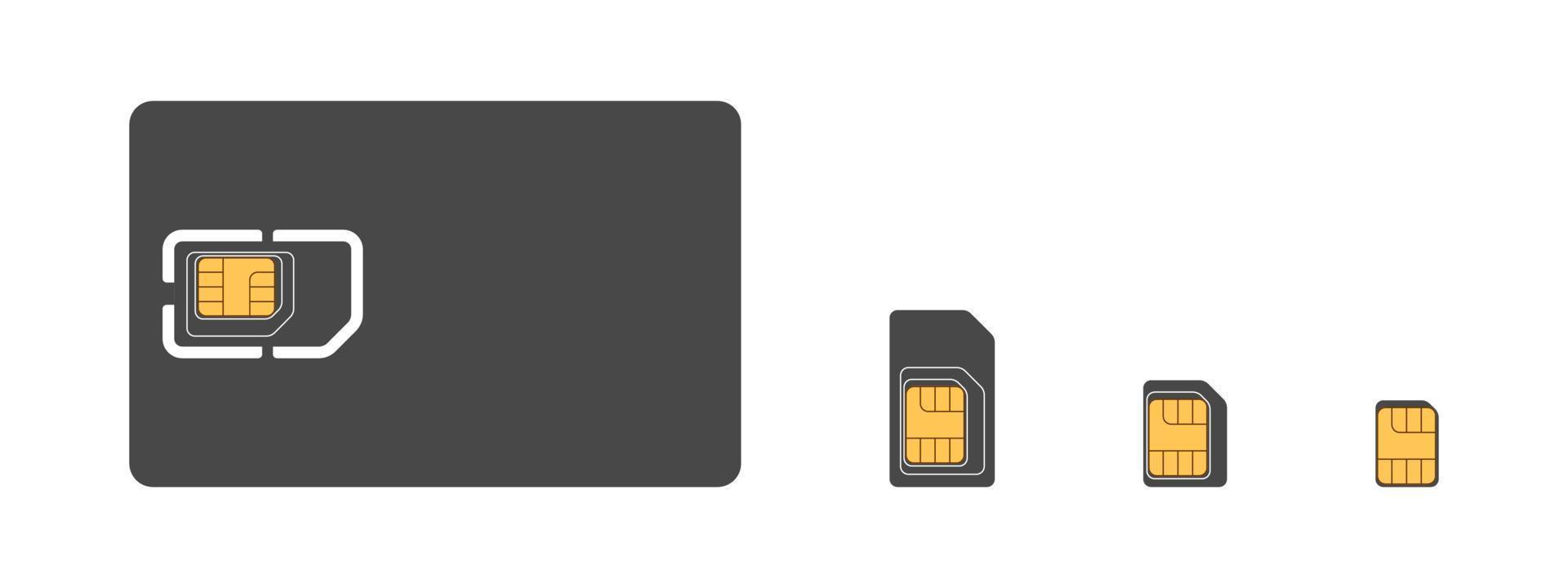 SIM cards. SIM card icons for mobile. Types of SIM cards, mini, micro, nano. Vector illustration