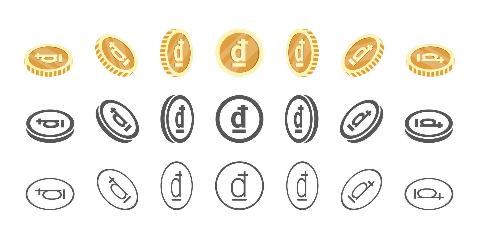 Vietnamese dong coins. Rotation of icons at different angles for animation. Coins in isometric. Vector illustration
