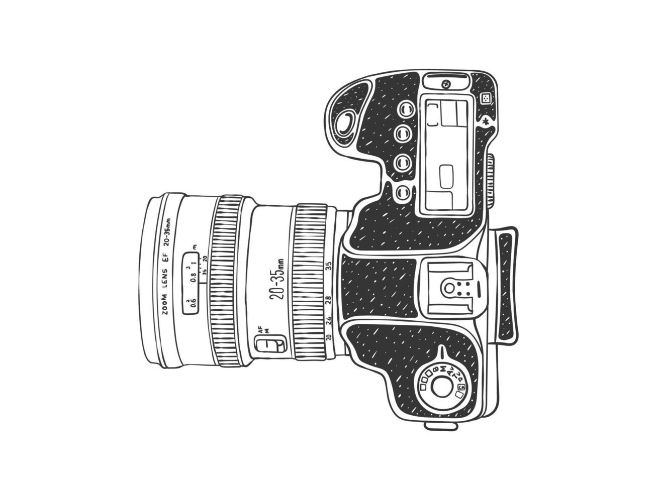 Camera picture. Modern camera. Camera and Lens Sketch. Hand-drawn image. Vector illustration