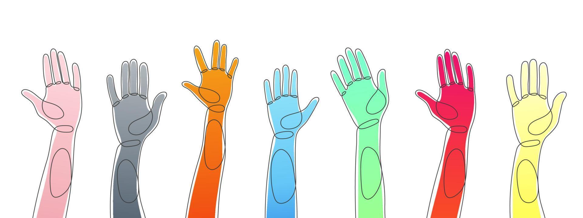 Hands in a single line style. Hands up in the air. Vector illustration