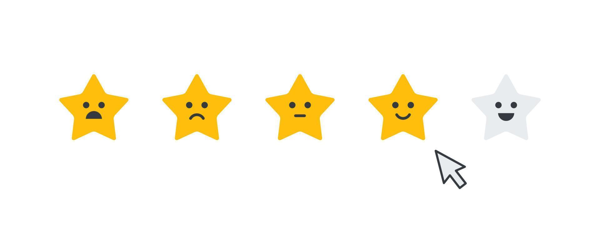 Rating stars icons. Product rating icons. Smileys stars icons. Vector icons
