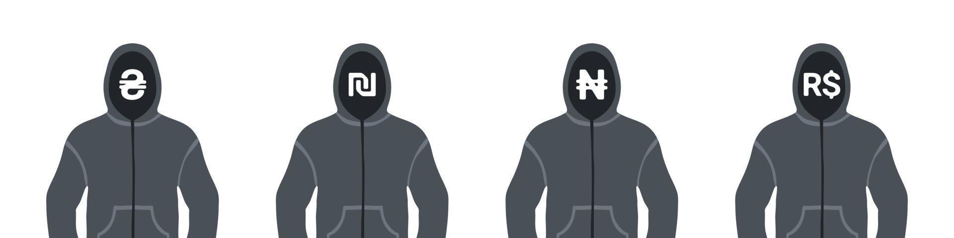 Icons of money. Icons of money in the hoodie hood. Icons of hryvnia, Israeli shekel, Nigerian naira and Brazilian real. Vector illustration