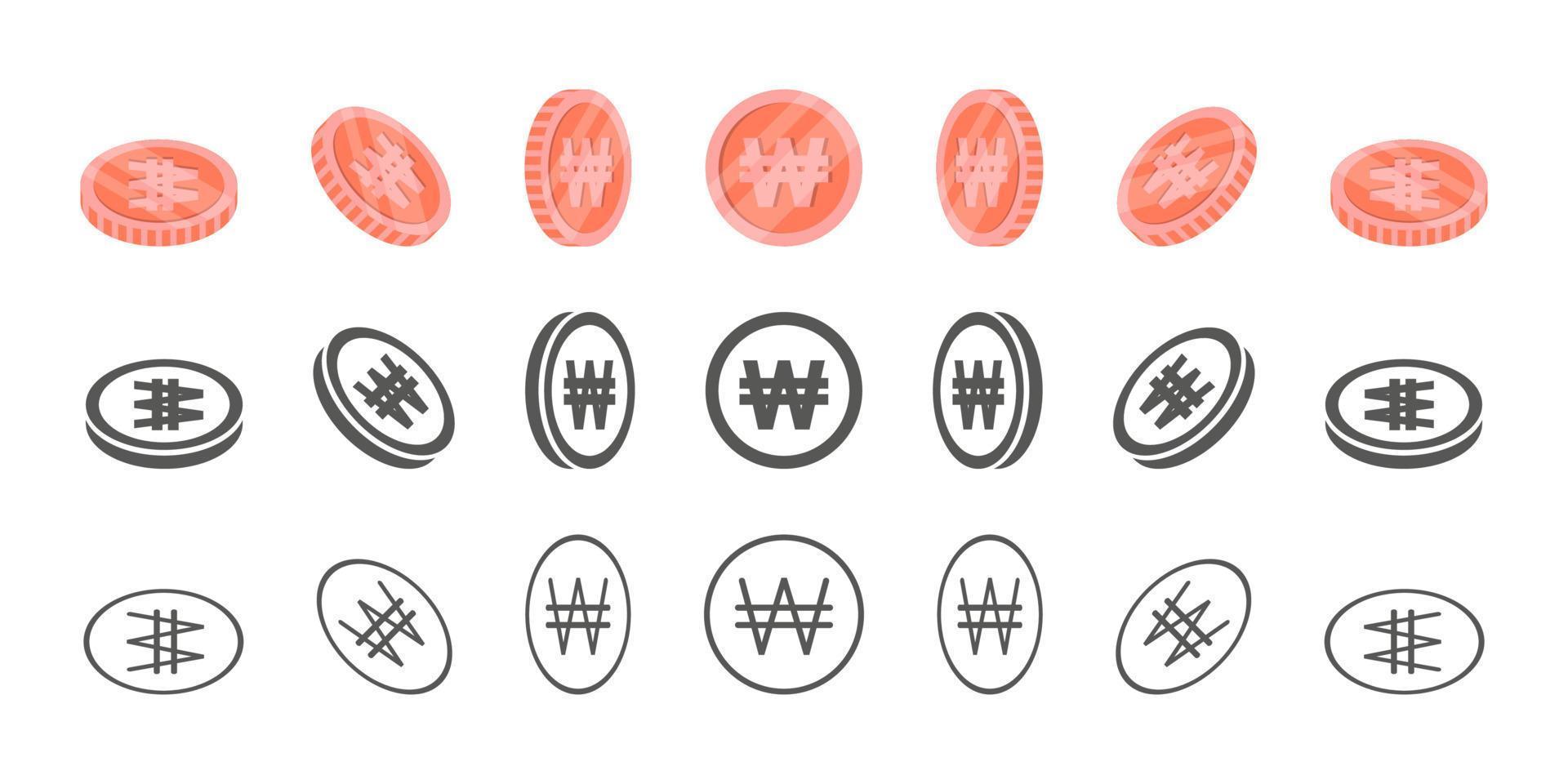 South Korean won coins. Rotation of icons at different angles for animation. Coins in isometric. Vector illustration