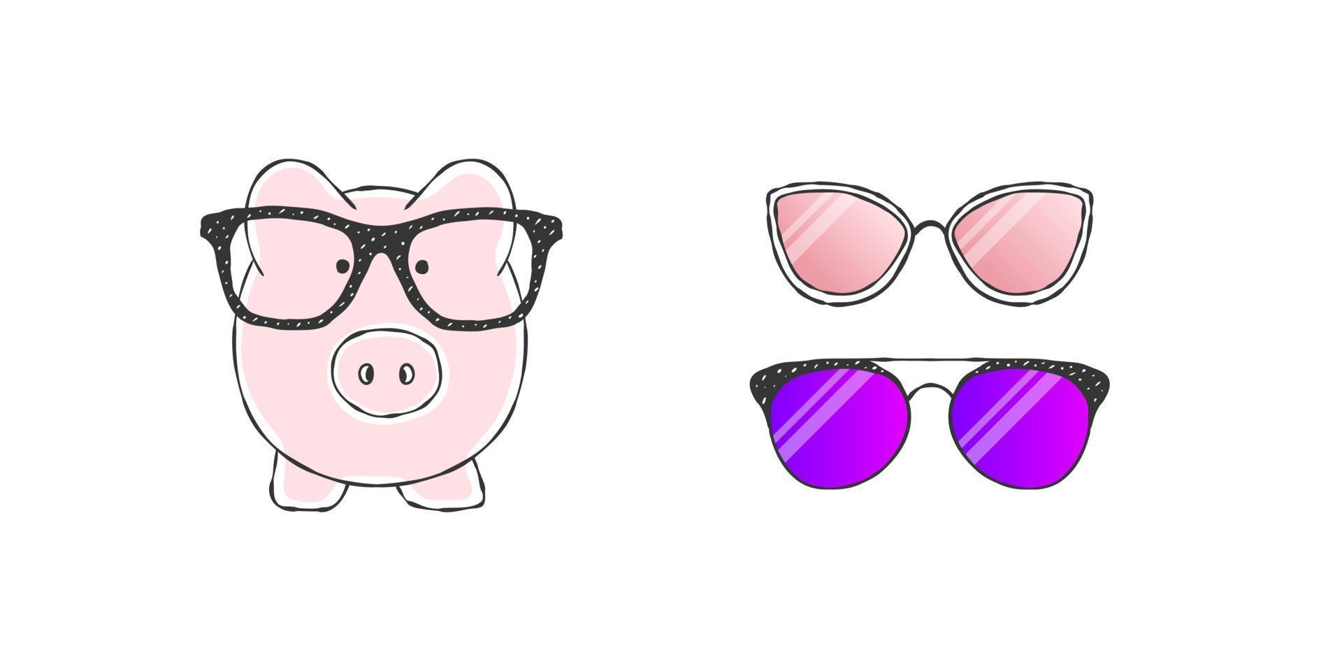 Piggy with glasses. A handdrawn cute little piggy with fancy glasses