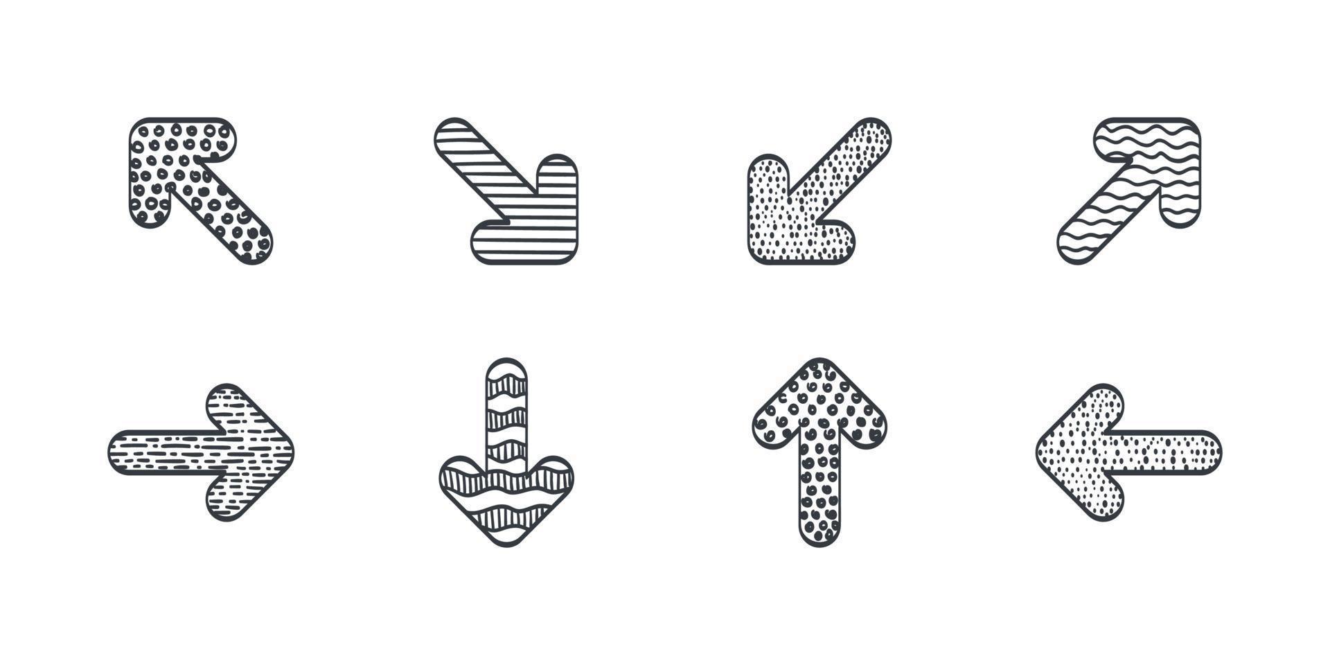 Vector hand drawn arrows. Doodle arrows. Arrows pointing in different directions. Vector illustration