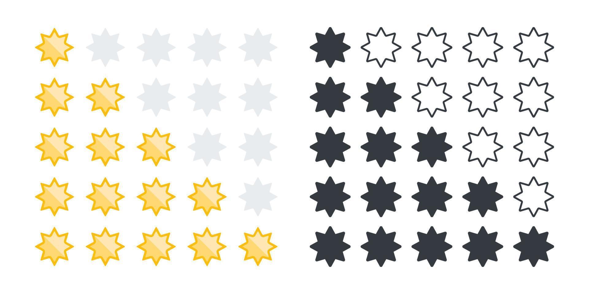 Rating stars icons set. Product rating or customer review with gold stars and black stars. Vector icons
