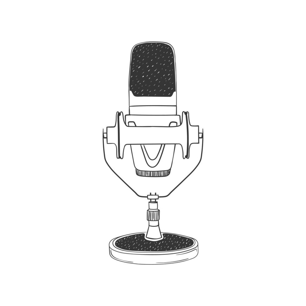 Podcast microphone. Retro hand-drawn Microphone. Illustration in sketch style. Vector image