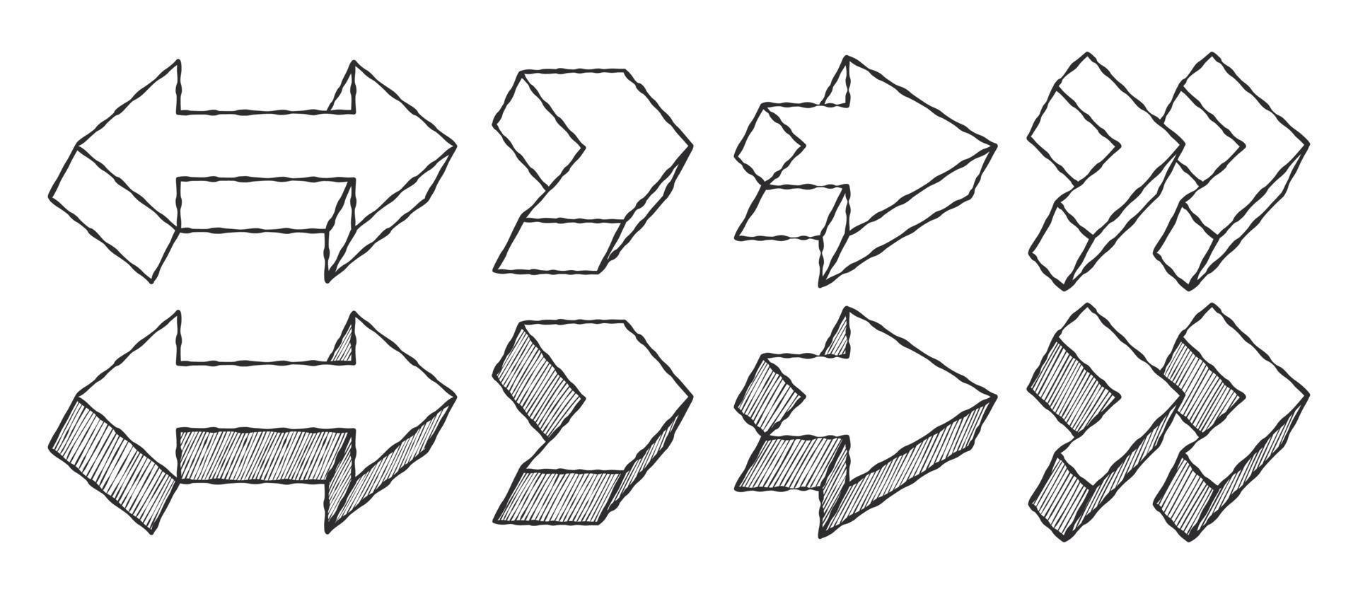 Arrows textured. Doddle arrows. Sketch arrows drawn by hand. Vector icons
